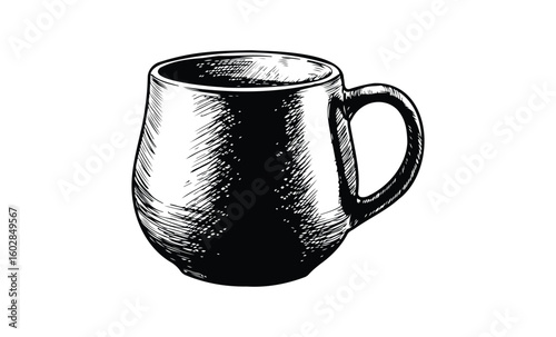 Sketch of a rustic ceramic mug in black and white with handle. Vector retro hand drawn illustration.