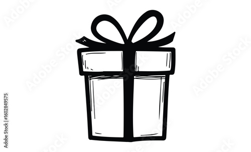 Bold black and white gift box sketch with ribbon and bow. Vector retro hand drawn illustration.