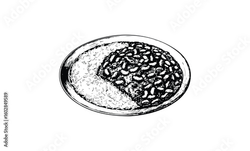 Black beans and rice sketch on plate: monochrome ink food art. Vector retro hand drawn illustration.