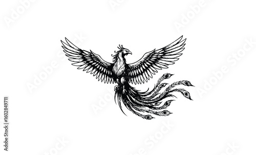 Intricate black phoenix illustration with outstretched wings and detailed feathers. Vector retro hand drawn illustration.