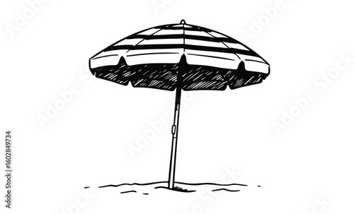Hand-drawn beach umbrella sketch on sand with striped canopy. Vector retro hand drawn illustration.
