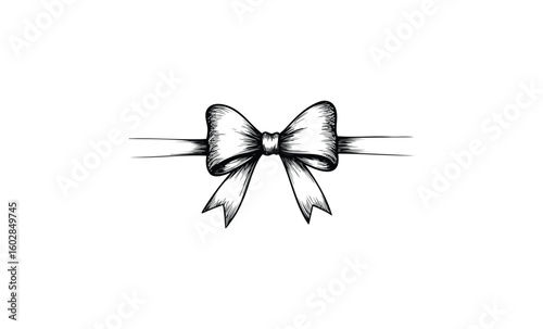 Elegant black and white bow illustration with ribbon details. Vector retro hand drawn illustration.