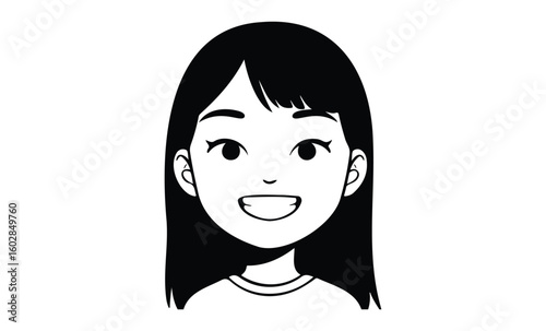 Smiling animated girl with long hair and bangs. Vector retro hand drawn illustration.