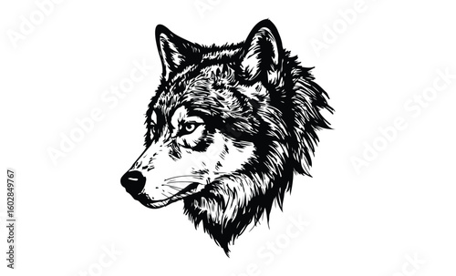 Monochrome wolf head illustration: detailed line art portrait on white background. Vector retro hand drawn illustration.