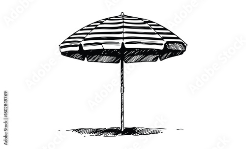 Striped beach umbrella sketch on white background in black ink drawing. Vector retro hand drawn illustration.