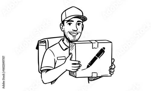 Smiling male courier holding package illustration. Vector retro hand drawn illustration.