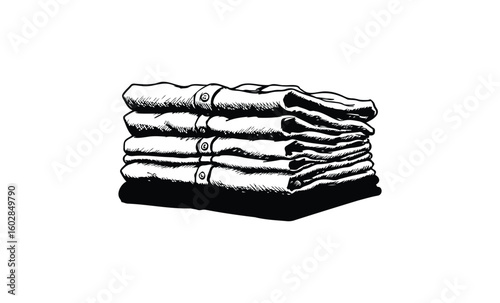 Illustration of neatly folded shirts in black and white. Vector retro hand drawn illustration.