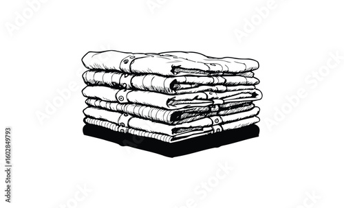 Stack of folded shirts drawing on white background. Vector retro hand drawn illustration.