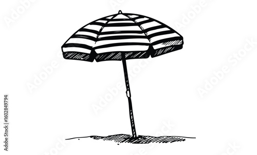 Hand-drawn striped beach umbrella sketch on sand. Vector retro hand drawn illustration.