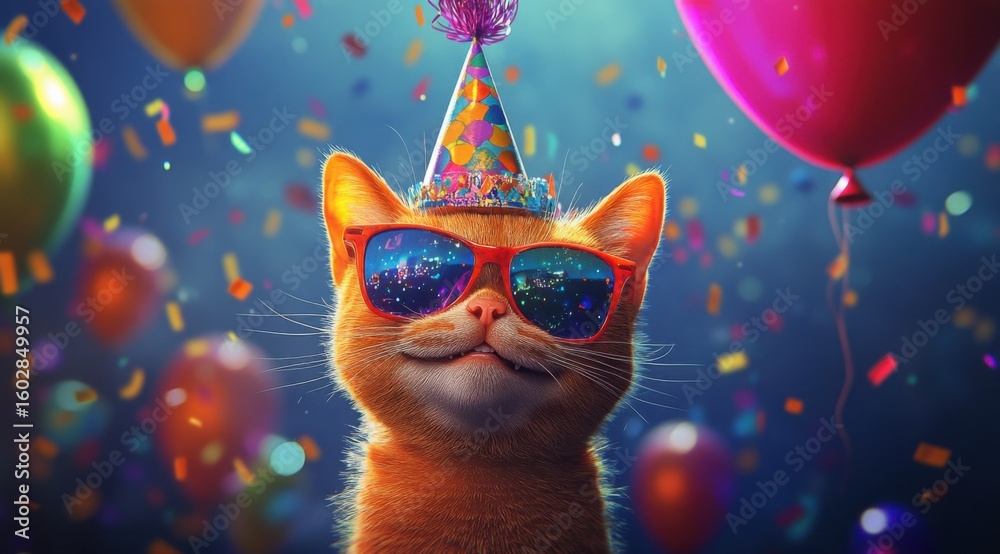 Fototapeta premium Smiling Orange Cat Wearing Party Hat and Sunglasses with Colorful Balloons