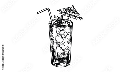 Hand-drawn cocktail glass with ice cubes and umbrella. Vector retro hand drawn illustration.