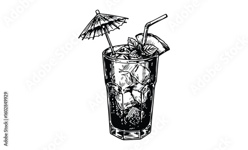 Hand-drawn tropical beverage sketch with umbrella and lemon slice in tall glass. Vector retro hand drawn illustration.
