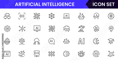 Artificial Intelligencevector line icons featuring algorithms, neural networks, data processing, AI models, training, automation, analytics, coding, and technology concepts.