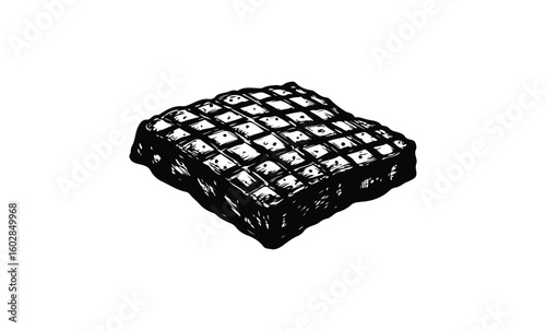 Black and white lattice textured cube in abstract art style on white background. Vector retro hand drawn illustration.