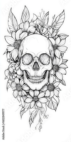 Tattoo design featuring a skull surrounded by flowers, against a white background