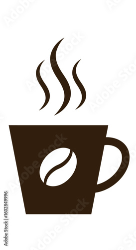 Stylized Brown Coffee Cup with Steam and White Bean Icon