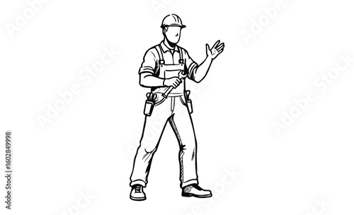 Young caucasian male construction worker holding tools in black and white drawing. Vector retro hand drawn illustration.