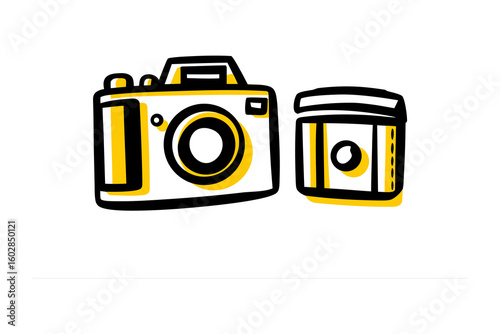 A simple doodle illustration of a vintage style camera and a film canister rendered with bold black outlines and yellow accents on a white background