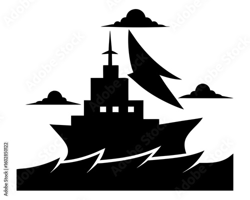 Ship in storm silhouette, Sailboat Silhouette in Storm. Ship sailing boat ocean sea water wave nautical vessel marine travel adventure black and white