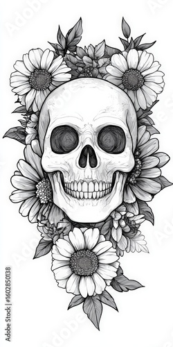Tattoo design featuring a skull surrounded by flowers, against a white background