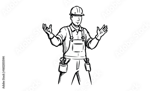 Male construction worker sketch with tools and hard hat. Vector retro hand drawn illustration.
