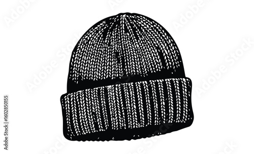 Black and white knit beanie hat illustration with detailed texture. Vector retro hand drawn illustration.