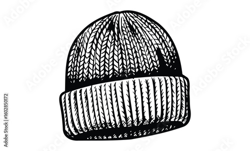 Black and white hand-drawn woolen knit beanie illustration. Vector retro hand drawn illustration.