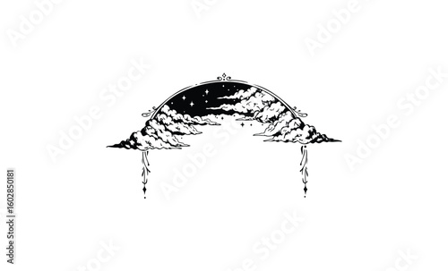 Celestial archway with clouds and stars in monochrome design. Vector retro hand drawn illustration.