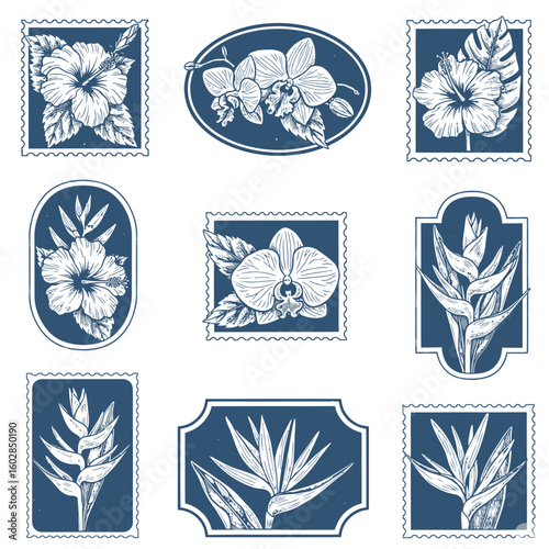 Collection of nine blue and white floral postage stamp style illustrations featuring hibiscus orchids and bird of paradise flowers