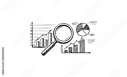 Hand-drawn business graphs and magnifying glass illustration. Vector retro hand drawn illustration.