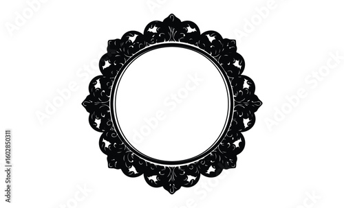 Ornate circular black frame with intricate floral details on white background. Vector retro hand drawn illustration.