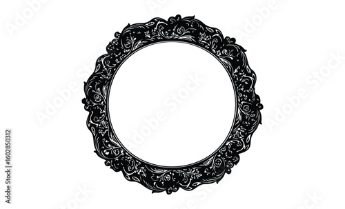 Intricate black circular vintage frame with floral patterns. Vector retro hand drawn illustration.