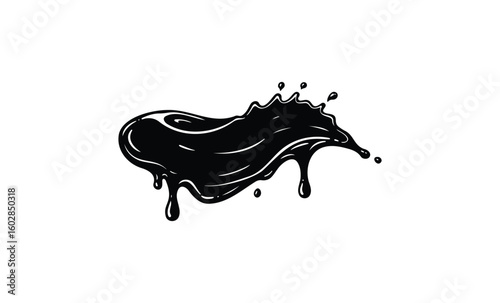 Dynamic black paint splash with drips on white background. Vector retro hand drawn illustration.