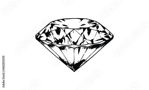 Black and white diamond illustration with geometric facets. Vector retro hand drawn illustration.