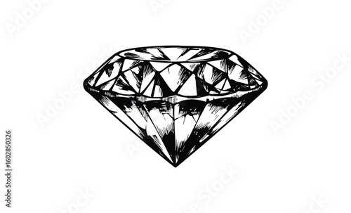 Intricate black and white artistic drawing of a diamond gemstone with detailed facets. Vector retro hand drawn illustration.
