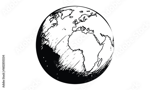 Black and white sketch of earth highlighting africa and europe. Vector retro hand drawn illustration.