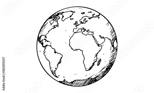 Hand-drawn globe sketch highlighting africa and europe in black and white. Vector retro hand drawn illustration.