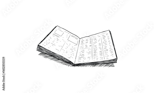 Open newspaper sketch with visible text columns and shadow effect. Vector retro hand drawn illustration.