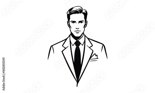 Black and white illustration of young caucasian male in a suit with confident expression. Vector retro hand drawn illustration.