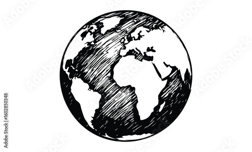Black and white sketched globe with detailed continents. Vector retro hand drawn illustration.