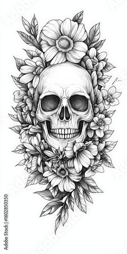 Tattoo design featuring a skull surrounded by flowers, against a white background
