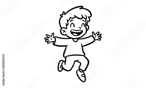 Happy cartoon child jumping with joyful expression. Vector retro hand drawn illustration.