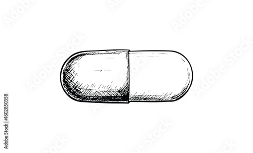 Hand-drawn capsule pill sketch in black and white with crosshatch shading. Vector retro hand drawn illustration.
