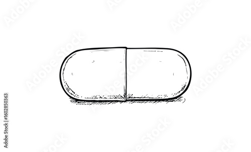Sketch of a single capsule pill on white background. Vector retro hand drawn illustration.