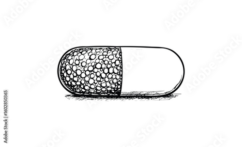 Hand-drawn sketch of a detailed capsule pill on white background. Vector retro hand drawn illustration.
