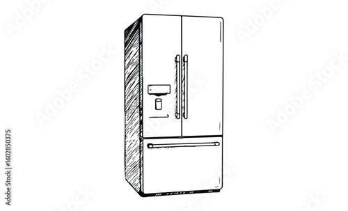 Hand-drawn sketch of modern double-door refrigerator in black and white. Vector retro hand drawn illustration.