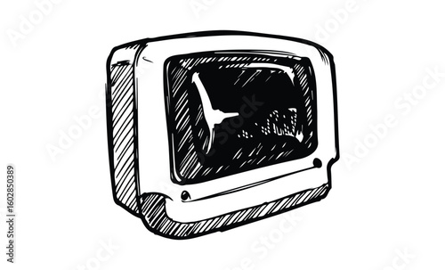 Vintage crt television sketch in black and white with retro design and dial knob. Vector retro hand drawn illustration.