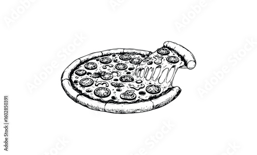 Hand-drawn pepperoni pizza with melting cheese. Vector retro hand drawn illustration.