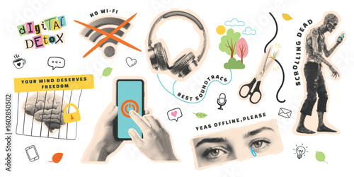 Digital detox and mental health concept collage in a modern scrapbook and zine style. Illustration about freedom from social media addiction and internet overuse, isolated on white background, vector
