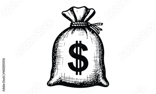 Vintage money bag with dollar symbol sketch in black and white. Vector retro hand drawn illustration.